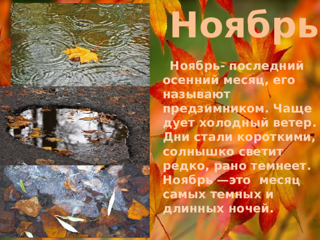 Ноябрь  Ноябрь- последний осенний месяц, его называют предзимником. Чаще дует холодный ветер. Дни стали короткими, солнышко светит редко, рано темнеет. Ноябрь —это месяц самых темных и длинных ночей.