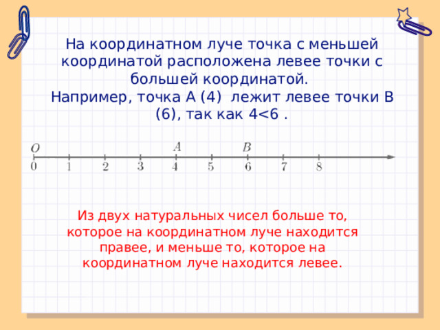 На координатном луче точка с меньшей координатой расположена левее точки с большей координатой. Например, точка А (4) лежит левее точки В (6), так как 4Из двух натуральных чисел больше то, которое на координатном луче находится правее, и меньше то, которое на координатном луче находится левее.