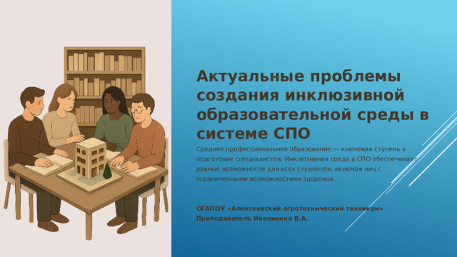 Актуальные проблемы создания инклюзивной образовательной среды в системе СПО Среднее профессиональное образование — ключевая ступень в подготовке специалистов. Инклюзивная среда в СПО обеспечивает равные возможности для всех студентов, включая лиц с ограниченными возможностями здоровья.   ОГАПОУ «Алексеевский агротехнический техникум» Преподаватель Иваниенко В.А.