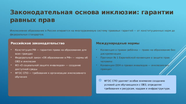 Законодательная основа инклюзии: гарантии равных прав Инклюзивное образование в России опирается на многоуровневую систему правовых гарантий — от конституционных норм до федеральных стандартов. Российское законодательство Международные нормы Конституция РФ — гарантия права на образование для всех граждан Федеральный закон «Об образовании в РФ» — нормы об ОВЗ и инклюзии ФЗ «О социальной защите инвалидов» — создание доступной среды ФГОС СПО — требования к организации инклюзивного обучения Конвенция о правах ребёнка — право на образование без дискриминации Протокол № 1 Европейской конвенции о защите прав человека Конвенция ООН о правах инвалидов — инклюзия как принцип ФГОС СПО уделяет особое внимание созданию условий для обучающихся с ОВЗ, определяя требования к ресурсам, кадрам и инфраструктуре.