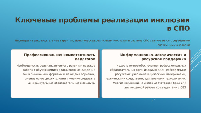 Ключевые проблемы реализации инклюзии в СПО Несмотря на законодательные гарантии, практическая реализация инклюзии в системе СПО сталкивается с серьёзными системными вызовами . Информационно-методическая и ресурсная поддержка Профессиональная компетентность педагогов Недостаточное обеспечение профессиональных образовательных организаций (ПОО) необходимыми ресурсами: учебно-методическими материалами, техническими средствами, адаптивными технологиями. Многие колледжи не имеют достаточной базы для полноценной работы со студентами с ОВЗ . Необходимость целенаправленного развития навыков работы с обучающимися с ОВЗ, включая владение альтернативными формами и методами обучения, знание основ дефектологии и умение создавать индивидуальные образовательные маршруты .