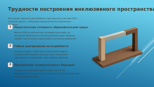 Трудности построения инклюзивного пространства Построение подлинно инклюзивного пространства в системе СПО — сложный процесс, требующий преодоления многоуровневых барьеров. 1 Недостаточная готовность образовательной среды Многие ПОО не располагают ни инфраструктурой, ни методической базой для полноценной инклюзии. Переход требует значительных инвестиций и системных изменений. 2 Гибкое реагирование на потребности Каждый студент с ОВЗ имеет уникальный профиль потребностей. Педагоги должны уметь оперативно адаптировать содержание, темп и формы обучения. 3 Преодоление социокультурных барьеров Стереотипы и предубеждения среди участников образовательного процесса препятствуют созданию подлинно инклюзивной культуры.