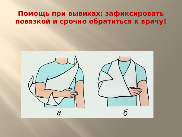 Помощь при вывихах: зафиксировать повязкой и срочно обратиться к врачу!