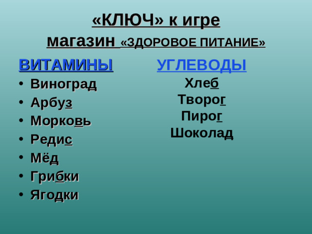 «КЛЮЧ» к игре  магазин «ЗДОРОВОЕ ПИТАНИЕ» УГЛЕВОДЫ Хле б Творо г Пиро г Шокола д ВИТАМИНЫ