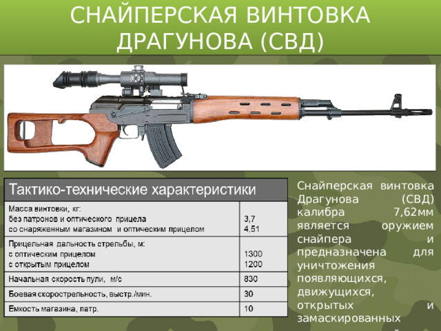 СНАЙПЕРСКАЯ ВИНТОВКА ДРАГУНОВА (СВД) Снайперская винтовка Драгунова (СВД) калибра 7,62мм является оружием снайпера и предназначена для уничтожения появляющихся, движущихся, открытых и замаскированных одиночных целей .