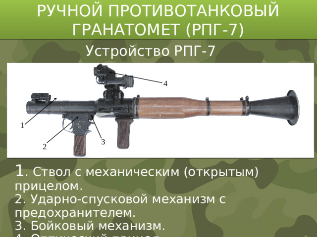 РУЧНОЙ ПРОТИВОТАНКОВЫЙ ГРАНАТОМЕТ (РПГ-7) Устройство РПГ-7 4 1 3 2 1 . Ствол с механическим (открытым) прицелом. 2. Ударно-спусковой механизм с предохранителем. 3. Бойковый механизм. 4. Оптический прицел.