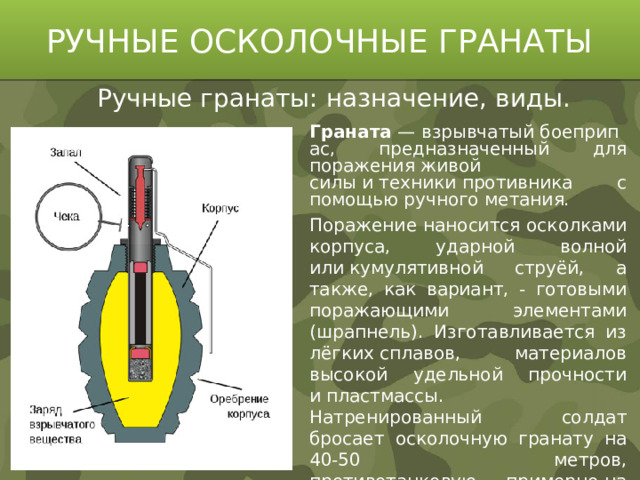 РУЧНЫЕ ОСКОЛОЧНЫЕ ГРАНАТЫ Ручные гранаты: назначение, виды. Граната  — взрывчатый боеприпас, предназначенный для поражения живой силы и техники противника с помощью ручного метания. Поражение наносится осколками корпуса, ударной волной или кумулятивной струёй, а также, как вариант, - готовыми поражающими элементами (шрапнель). Изготавливается из лёгких сплавов, материалов высокой удельной прочности и пластмассы. Натренированный солдат бросает осколочную гранату на 40-50 метров, противотанковую — примерно на 20 метров.