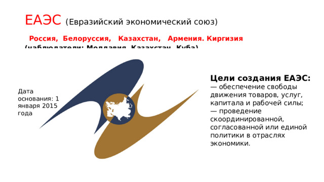 ЕАЭС  (Евразийский экономический союз)   Россия, Белоруссия, Казахстан, Армения. Киргизия (наблюдатели: Молдавия, Казахстан, Куба) Цели создания ЕАЭС: — обеспечение свободы движения товаров, услуг, капитала и рабочей силы; — проведение скоординированной, согласованной или единой политики в отраслях экономики. Дата основания: 1 января 2015 года