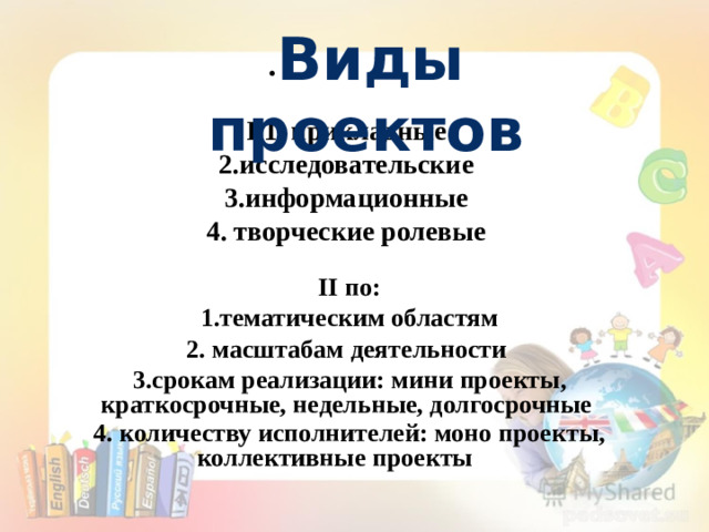 • Виды проектов I 1. прикладные 2.исследовательские 3.информационные 4. творческие ролевые  II по:  1 .тематическим областям 2. масштабам деятельности 3.срокам реализации: мини проекты, краткосрочные, недельные, долгосрочные 4. количеству исполнителей: моно проекты, коллективные проекты  “.