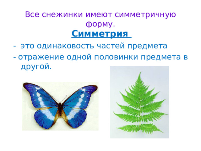 Все снежинки имеют симметричную форму. Симметрия - это одинаковость частей предмета - отражение одной половинки предмета в другой.