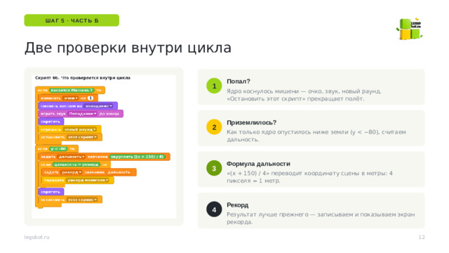 ШАГ 5 · ЧАСТЬ Б Две проверки внутри цикла Попал? 1 Ядро коснулось мишени — очко, звук, новый раунд. «Остановить этот скрипт» прекращает полёт. Приземлилось? 2 Как только ядро опустилось ниже земли (y Формула дальности 3 Порядок проверок важен: сначала попадание, потом приземление. «(x + 150) / 4» переводит координату сцены в метры: 4 пикселя = 1 метр. Рекорд 4 Результат лучше прежнего — записываем и показываем экран рекорда. 12 legobot.ru