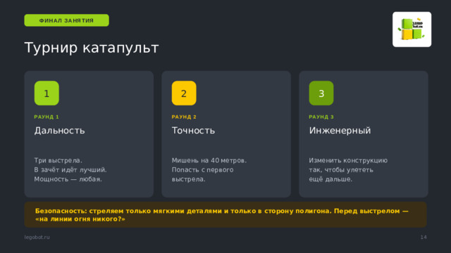 ФИНАЛ ЗАНЯТИЯ Турнир катапульт 3 2 1 РАУНД 3 РАУНД 1 РАУНД 2 Дальность Точность Инженерный Изменить конструкцию Три выстрела. Мишень на 40 метров. В зачёт идёт лучший. Попасть с первого так, чтобы улететь выстрела. Мощность — любая. ещё дальше. Раунд 3 — самый ценный. Подсказки: длиннее рычаг, две резинки, изменить угол упора. Побеждает наибольший прирост, а не абсолютный рекорд. Безопасность: стреляем только мягкими деталями и только в сторону полигона. Перед выстрелом — «на линии огня никого?» 14 legobot.ru