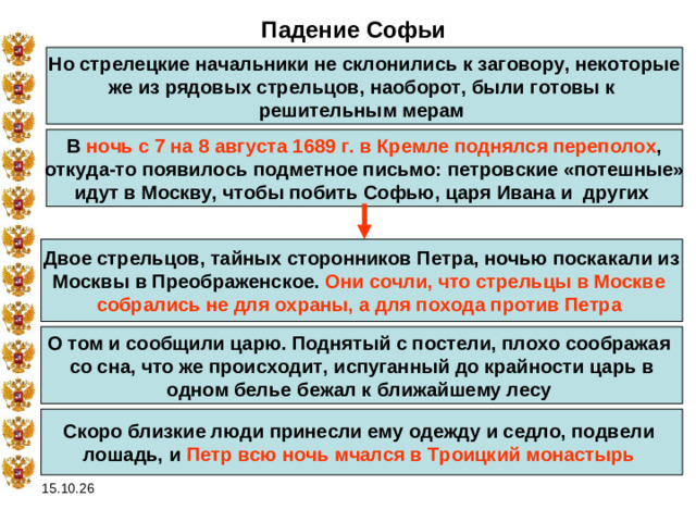 Падение Софьи Но стрелецкие начальники не склонились к заговору, некоторые же из рядовых стрельцов, наоборот, были готовы к решительным мерам  В ночь с 7 на 8 августа 1689 г.  в Кремле поднялся переполох ,  откуда-то появилось подметное письмо: петровские «потешные» идут в Москву, чтобы побить Софью, царя Ивана и других  Двое стрельцов, тайных сторонников Петра, ночью поскакали из Москвы в Преображенское. Они сочли, что стрельцы в Москве собрались не для охраны, а для похода против Петра  О том и сообщили царю. Поднятый с постели, плохо соображая со сна, что же происходит, испуганный до крайности царь в одном белье бежал к ближайшему лесу  Скоро близкие люди принесли ему одежду и седло, подвели лошадь, и Петр всю ночь мчался в Троицкий монастырь  15.10.26