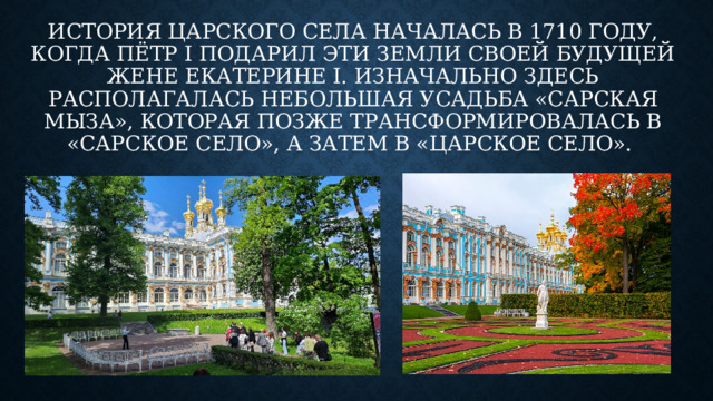 История Царского Села началась в 1710 году, когда Пётр I подарил эти земли своей будущей жене Екатерине I. Изначально здесь располагалась небольшая усадьба «Сарская мыза», которая позже трансформировалась в «Сарское Село», а затем в «Царское Село». 