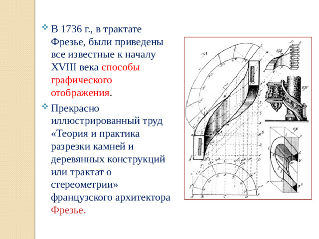 В 1736 г., в трактате Фрезье, были приведены все известные к началу ХVIII века способы графического отображения . Прекрасно иллюстрированный труд «Теория и практика разрезки камней и деревянных конструкций или трактат о стереометрии» французского архитектора Фрезье.