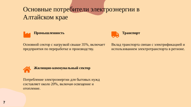 Основные потребители электроэнергии в Алтайском крае Промышленность Транспорт   Основной сектор с нагрузкой свыше 35%, включает предприятия по переработке и производству. Вклад транспорта связан с электрификацией и использованием электротранспорта в регионе. Жилищно-коммунальный сектор  Потребление электроэнергии для бытовых нужд составляет около 20%, включая освещение и отопление. 7
