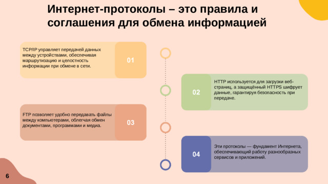 Интернет-протоколы – это правила и соглашения для обмена информацией  TCP/IP управляет передачей данных между устройствами, обеспечивая маршрутизацию и целостность информации при обмене в сети. HTTP используется для загрузки веб-страниц, а защищённый HTTPS шифрует данные, гарантируя безопасность при передаче. FTP позволяет удобно передавать файлы между компьютерами, облегчая обмен документами, программами и медиа. Эти протоколы — фундамент Интернета, обеспечивающий работу разнообразных сервисов и приложений. 6