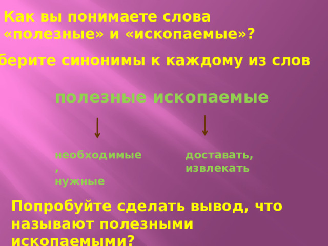 Как вы понимаете слова «полезные» и «ископаемые»? Подберите синонимы к каждому из слов полезные ископаемые необходимые, доставать, нужные извлекать Попробуйте сделать вывод, что называют полезными ископаемыми?