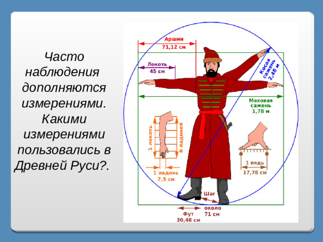 Часто наблюдения дополняются измерениями.  Какими измерениями пользовались в Древней Руси?.