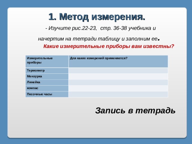 1. Метод измерения. - Изучите рис.22-23, стр. 36-38 учебника и начертим на тетради таблицу и заполним ее .  Какие измерительные приборы вам известны? Измерительные приборы Для каких измерений применяется? Термометр   Мензурка   Линейка   компас   Песочные часы   Запись в тетрадь