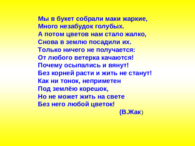 Мы в букет собрали маки жаркие,  Много незабудок голубых.  А потом цветов нам стало жалко,  Снова в землю посадили их.  Только ничего не получается:  От любого ветерка качаются!  Почему осыпались и вянут!  Без корней расти и жить не станут!  Как ни тонок, неприметен  Под землёю корешок,  Но не может жить на свете  Без него любой цветок!  (В.Жак )