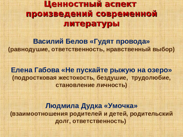 Ценностный аспект  произведений современной литературы   Василий Белов «Гудят провода» (равнодушие, ответственность, нравственный выбор)  Елена Габова «Не пускайте рыжую на озеро» (подростковая жестокость, бездушие, трудолюбие, становление личность)  Людмила Дудка «Умочка» (взаимоотношения родителей и детей, родительский долг, ответственность)