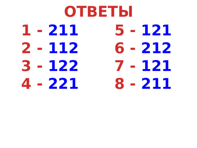 ОТВЕТЫ 1 - 211 5 - 121 2 - 112 6 - 212 3 - 122 7 - 121 4 - 221 8 - 211