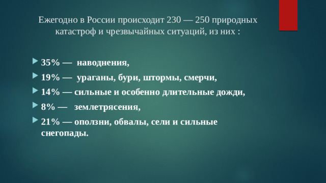 Ежегодно в России происходит 230 — 250 природных катастроф и чрезвычайных ситуаций, из них : 35% — наводнения, 19% — ураганы, бури, штормы, смерчи, 14% — сильные и особенно длительные дожди, 8% — землетрясения, 21% — оползни, обвалы, сели и сильные снегопады.