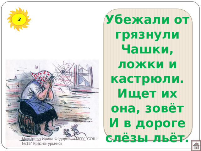 Убежали от грязнули  Чашки, ложки и кастрюли.  Ищет их она, зовёт  И в дороге слёзы льёт. 3 Мотырева Ирина Фёдоровна МОУ 