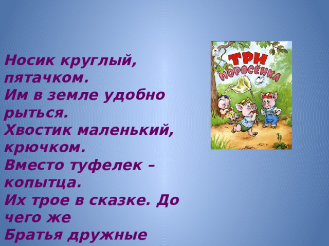 Носик круглый, пятачком. Им в земле удобно рыться. Хвостик маленький, крючком. Вместо туфелек – копытца. Их трое в сказке. До чего же Братья дружные похожи.