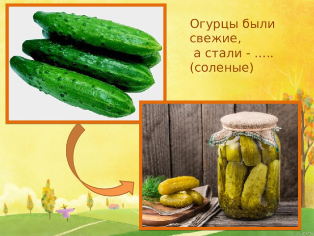 Огурцы были свежие,  а стали - …..(соленые)