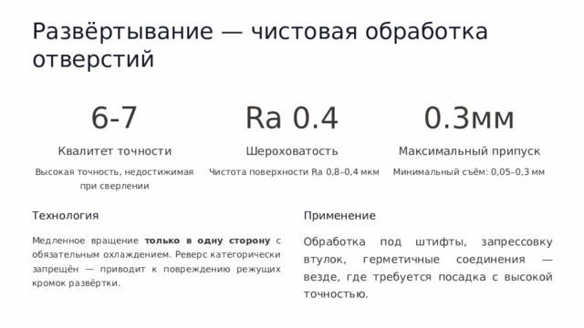 Развёртывание — чистовая обработка отверстий 6-7 Ra 0.4 0.3мм Квалитет точности Шероховатость Максимальный припуск Высокая точность, недостижимая при сверлении Чистота поверхности Ra 0,8–0,4 мкм Минимальный съём: 0,05–0,3 мм Технология Применение Медленное вращение только в одну сторону с обязательным охлаждением. Реверс категорически запрещён — приводит к повреждению режущих кромок развёртки. Обработка под штифты, запрессовку втулок, герметичные соединения — везде, где требуется посадка с высокой точностью.