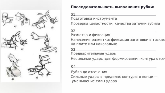 Последовательность выполнения рубки: 01 Подготовка инструмента Проверка целостности, качества заточки зубила 02 Разметка и фиксация Нанесение разметки; фиксация заготовки в тисках, на плите или наковальне 03 Предварительные удары Несильные удары для формирования контура отсечения 04 Рубка до отсечения Сильные удары в пределах контура; в конце —  уменьшение силы удара