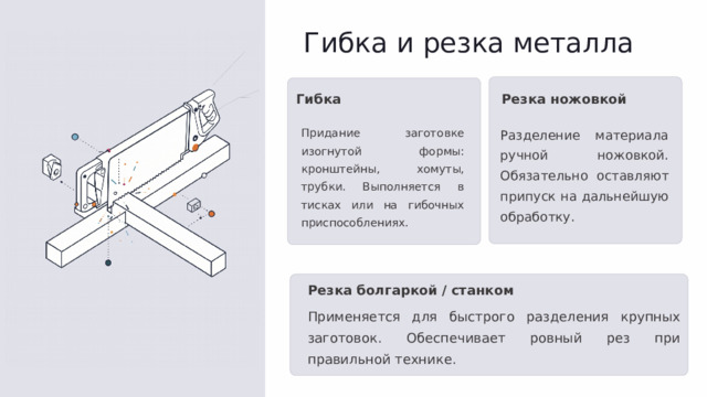 Гибка и резка металла Гибка Резка ножовкой Придание заготовке изогнутой формы: кронштейны, хомуты, трубки. Выполняется в тисках или на гибочных приспособлениях. Разделение материала ручной ножовкой. Обязательно оставляют припуск на дальнейшую обработку. Резка болгаркой / станком Применяется для быстрого разделения крупных заготовок. Обеспечивает ровный рез при правильной технике.