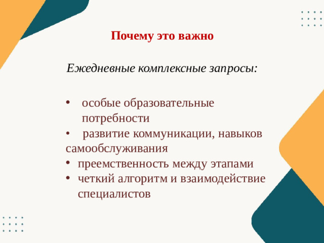Почему это важно Ежедневные комплексные запросы: особые образовательные потребности • развитие коммуникации, навыков самообслуживания преемственность между этапами четкий алгоритм и взаимодействие специалистов