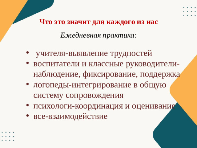 Что это значит для каждого из нас Ежедневная практика: учителя-выявление трудностей воспитатели и классные руководители-наблюдение, фиксирование, поддержка логопеды-интегрирование в общую систему сопровождения психологи-координация и оценивание все-взаимодействие