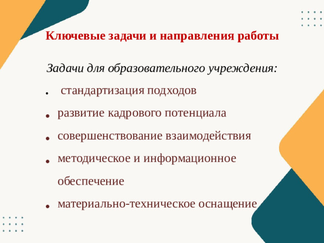 Ключевые задачи и направления работы Задачи для образовательного учреждения:  стандартизация подходов развитие кадрового потенциала совершенствование взаимодействия методическое и информационное обеспечение материально-техническое оснащение