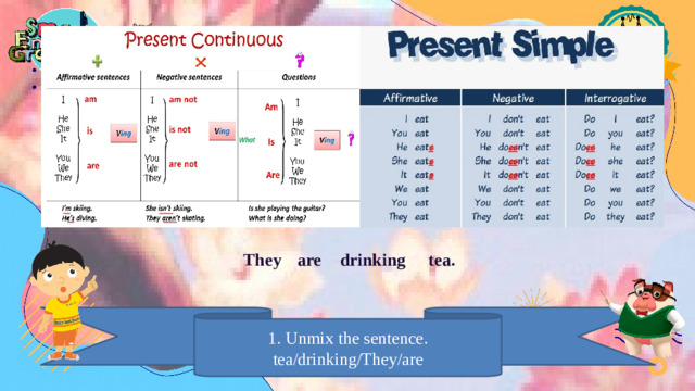 are drinking tea. They 1. Unmix the sentence. tea/drinking/They/are
