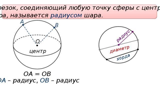 хорда диаметр радиус Отрезок, соединяющий любую точку сферы с центром шара, называется радиусом шара.  А В О центр ОА = ОВ ОА – радиус , ОВ – радиус