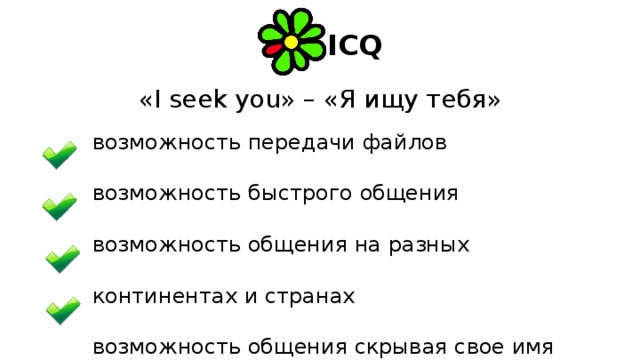 ICQ «I seek you» – «Я ищу тебя» возможность передачи файлов возможность быстрого общения возможность общения на разных континентах и странах возможность общения скрывая свое имя