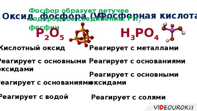 Фосфор образует летучее водородное соединение: РН 3 – фосфин  Фосфорная кислота Оксид фосфора (V) P 2 O 5 H 3 PO 4 Реагирует с металлами Кислотный оксид Реагирует с основными Реагирует с основаниями оксидами Реагирует с основными оксидами Реагирует с основаниями Реагирует с водой Реагирует с солями
