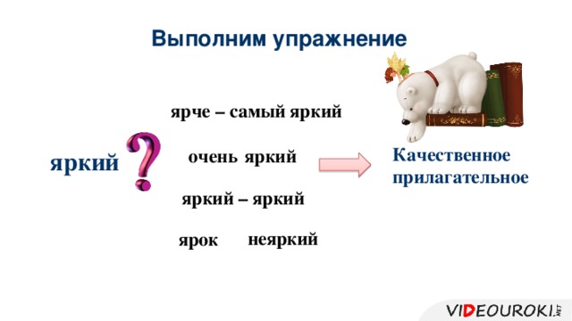 Выполним упражнение ярче – самый яркий Качественное прилагательное яркий очень яркий яркий – яркий ярок неяркий