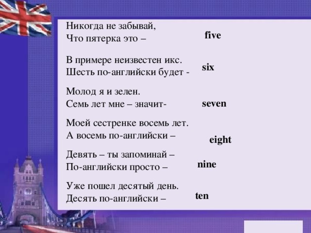 Никогда не забывай,  Что пятерка это – five В примере неизвестен икс.  Шесть по-английски будет - six Молод я и зелен.  Семь лет мне – значит- seven Моей сестренке восемь лет.  А восемь по-английски –  eight Девять – ты запоминай –   По-английски просто –  nine Уже пошел десятый день.  Десять по-английски –  ten