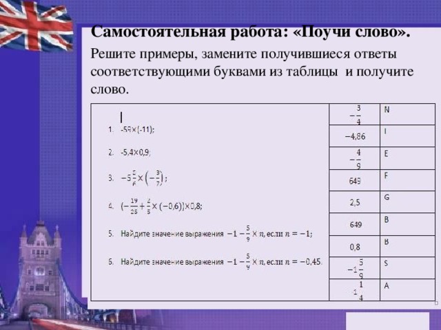 Самостоятельная работа: «Поучи слово». Решите примеры, замените получившиеся ответы соответствующими буквами из таблицы и получите слово.