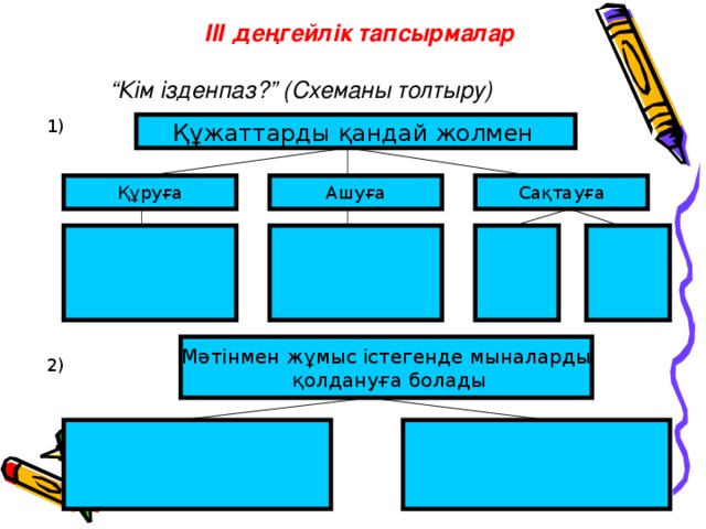 ІІІ деңгей лік тапсырмалар “ Кім ізденпаз?” (Схеманы толтыру) 1) Құжаттарды қандай жолмен  Сақтауға Ашуға Құруға Мәтінмен жұмыс істегенде мыналарды  қолдануға болады 2)