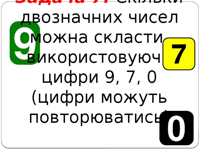 Задача 7. Скільки двозначних чисел можна скласти, використовуючи цифри 9, 7, 0 (цифри можуть повторюватись)