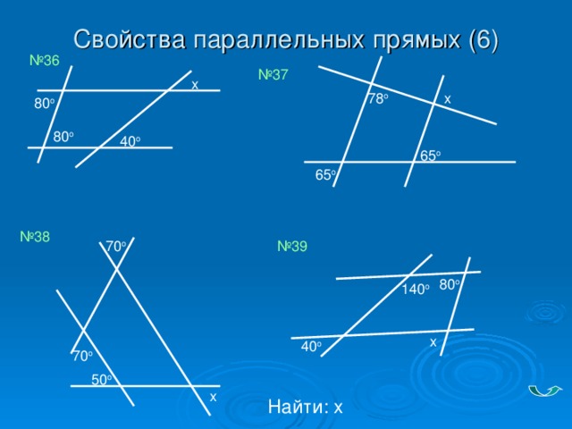 Свойства параллельных прямых (6) № 36 № 37 x x 78 o 80 o 80 o 40 o 65 o 65 o № 38 70 o № 39 80 o 140 o x 40 o 70 o 50 o x Найти: x