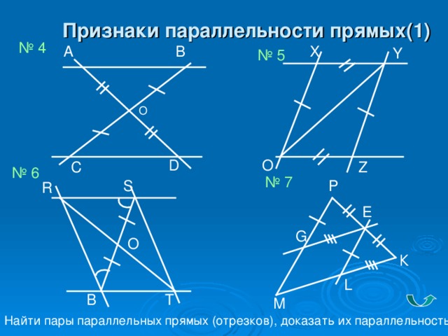 Признаки параллельности прямых(1) № 4 А В X Y № 5 O D О С Z № 6 № 7 Р S R E G O К L B T М Найти пары параллельных прямых (отрезков), доказать их параллельность.