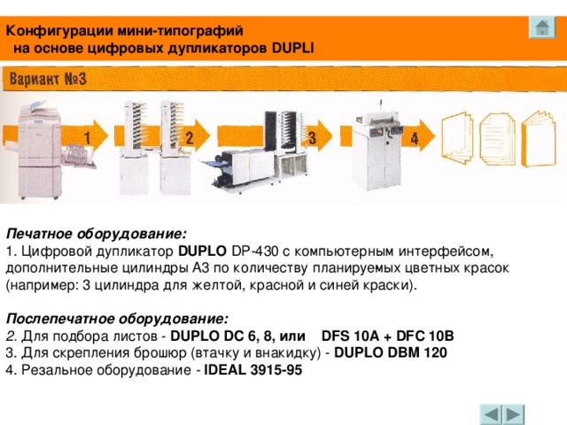 Конфигурации мини-типографий  на основе цифровых дупликаторов DUPLI Печатное оборудование: 1. Цифровой дупликатор DUPLO DP -430 с компьютерным интерфейсом, дополнительные цилиндры A3 по количеству планируе­мых цветных красок (например: 3 цилиндра для желтой, красной и синей краски).  Послепечатное оборудование: 2. Для подбора листов - DUPLO DC 6, 8, или DFS 10A + DFC 10B 3. Для скрепления брошюр (втачку и внакидку) - DUPLO DBM 1 20 4. Резальное оборудование - IDEAL 3915-95