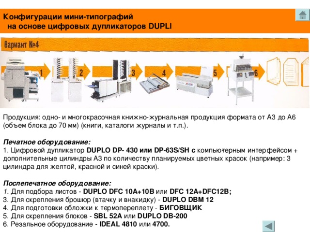 Конфигурации мини-типографий  на основе цифровых дупликаторов DUPLI Продукция: одно- и многокрасочная книжно-журнальная продукция формата от A3 до А6 (объем блока до 70 мм) (книги, каталоги журналы и т.п.).  Печатное оборудование: 1. Цифровой дупликатор DUPLO DP - 430 или DP -63 S / SH с компью­терным интерфейсом + дополнительные цилиндры A3 по количест­ву планируемых цветных красок (например: 3 цилиндра для желтой, красной и синей краски).  Послепечатное оборудование: 1. Для подбора листов - DUPLO DFC 10А+10В или DFC 12 A + DFC 12В; 3. Для скрепления брошюр (втачку и внакидку) - DUPLO DBM 12 4. Для подготовки обложки к термопереплету - БИГОВЩИК 5. Для скрепления блоков - SBL 52 A или DUPLO DB -200 6. Резальное оборудование - IDEAL 4810 или 4700.
